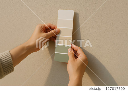 壁面に合わせてカラーサンプルを照らし合わせる手 127817890