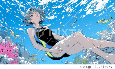 海で泳いでいる若い女性