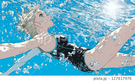 海で泳いでいる若い女性