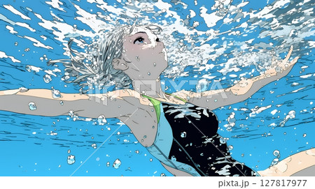 海で泳いでいる若い女性