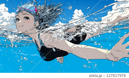 海で泳いでいる若い女性