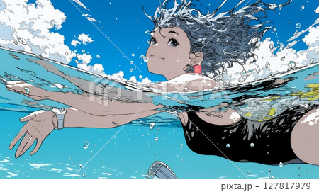 海で泳いでいる若い女性