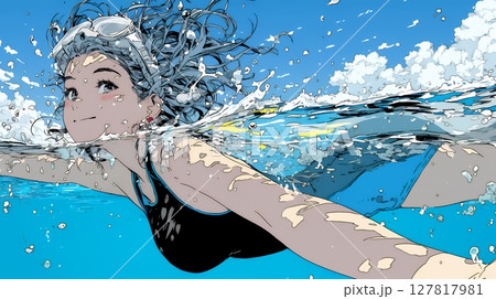 海で泳いでいる若い女性