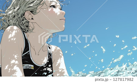 海で泳いでいる若い女性