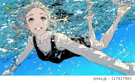 海で泳いでいる若い女性