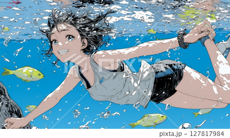 海で泳いでいる若い女性