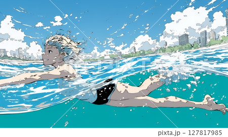 海で泳いでいる若い女性