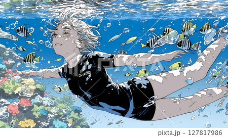 海で泳いでいる若い女性