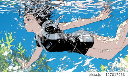 海で泳いでいる若い女性