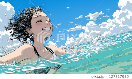 海で泳いでいる若い女性