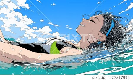 海で泳いでいる若い女性