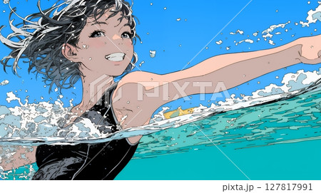 海で泳いでいる若い女性