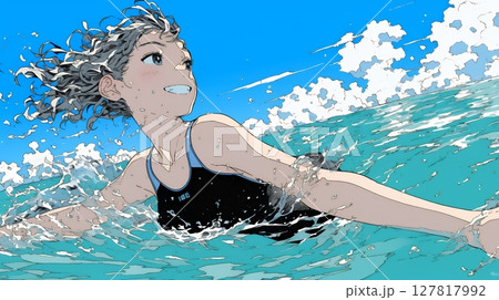 海で泳いでいる若い女性