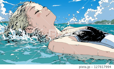 海で泳いでいる若い女性