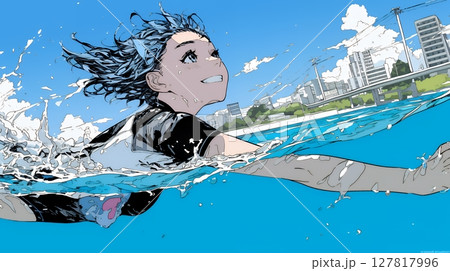 海で泳いでいる若い女性