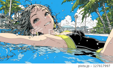 海で泳いでいる若い女性