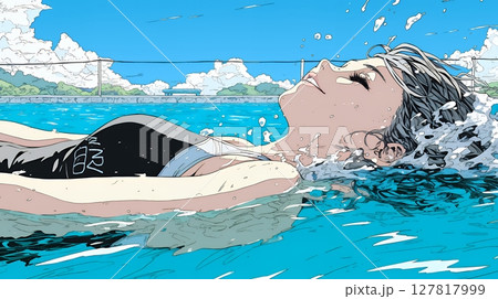 海で泳いでいる若い女性