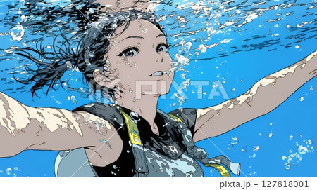 海で泳いでいる若い女性