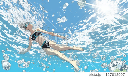 海で泳いでいる若い女性