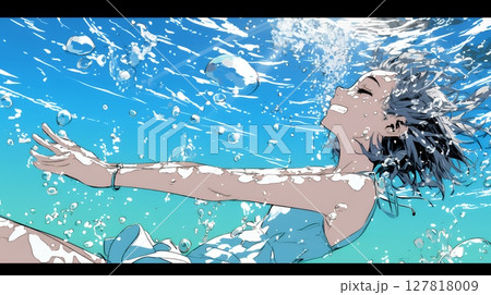 海で泳いでいる若い女性