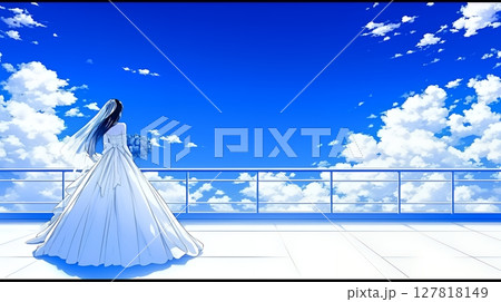 青空をバックに立っている花嫁