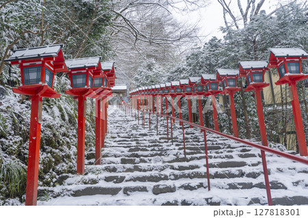 冬の京都　貴船神社　春日灯籠が並ぶ美しい参道 127818301