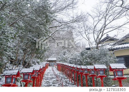 冬の京都　貴船神社　春日灯籠が並ぶ美しい参道 127818303