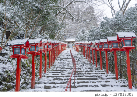 冬の京都　貴船神社　春日灯籠が並ぶ美しい参道 127818305