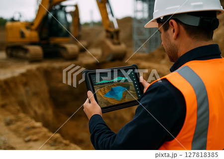 タブレットで建設現場の3Dデータを確認する作業員 127818385