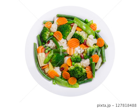 plate of mix of steamed vegetables isolated on a white background 127818488