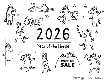 2026年 令和八年 午年 年賀 馬 キャラクター モノクロ イラストセット 冬・販促向け 127818627