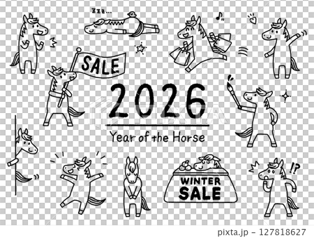 2026年 令和八年 午年 年賀 馬 キャラクター モノクロ イラストセット 冬・販促向け 127818627
