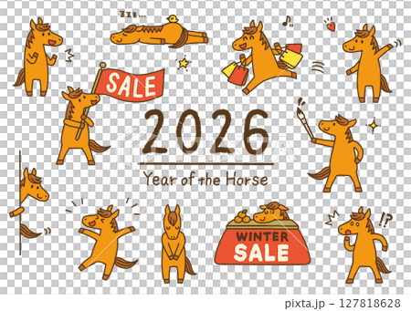 2026令和8年馬年新年馬人物插圖套裝冬季/促銷 127818628