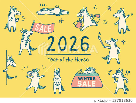 2026年 令和八年 午年 年賀 馬 キャラクター パステル イラストセット 冬・販促向け 2026年 令和八年 午年 年賀 馬 キャラクター パステル イラストセット 冬・販促向け 127818630