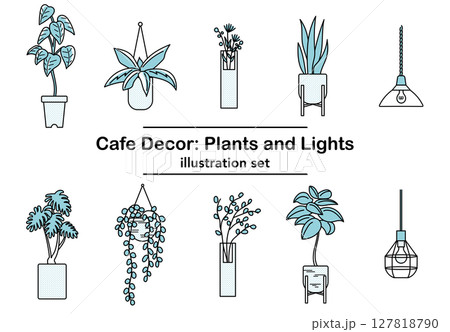 イラスト素材:青系配色の観葉植物と照明セットのカフェ風インテリア イラスト素材:青系配色の観葉植物と照明セットのカフェ風インテリア 127818790