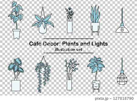 插畫素材：以藍色為基調的盆栽和燈光佈置的咖啡廳風格室內裝飾 127818790