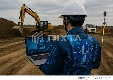 建設現場でICTを活用して測量する作業員と重機 127818792