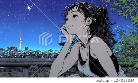 星空を眺めている若い女性