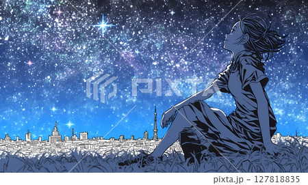 星空を眺めている若い女性