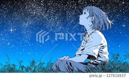 星空を眺めている若い女性 127818837