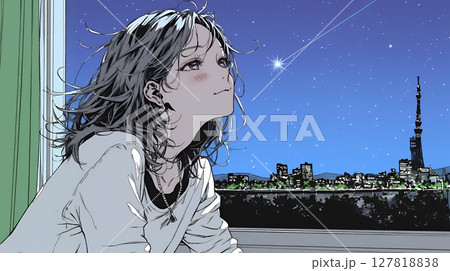 星空を眺めている若い女性