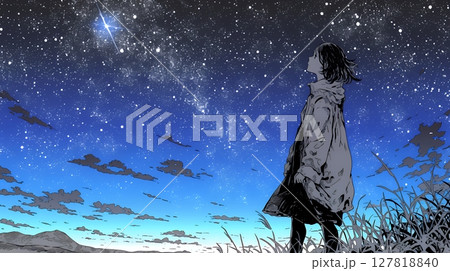 星空を眺めている若い女性
