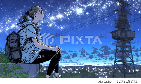 星空を眺めている若い女性 127818843