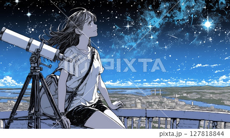 星空を眺めている若い女性