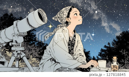 星空を眺めている若い女性