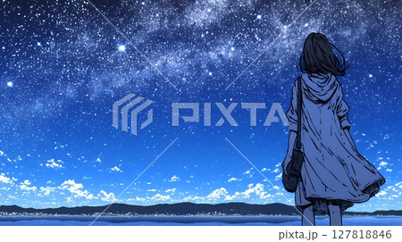 星空を眺めている若い女性