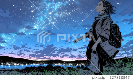 星空を眺めている若い女性