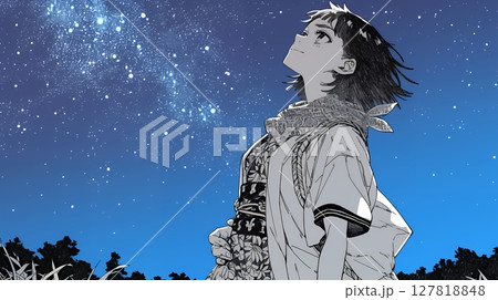星空を眺めている若い女性