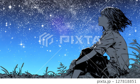星空を眺めている若い女性