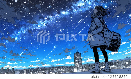星空を眺めている若い女性